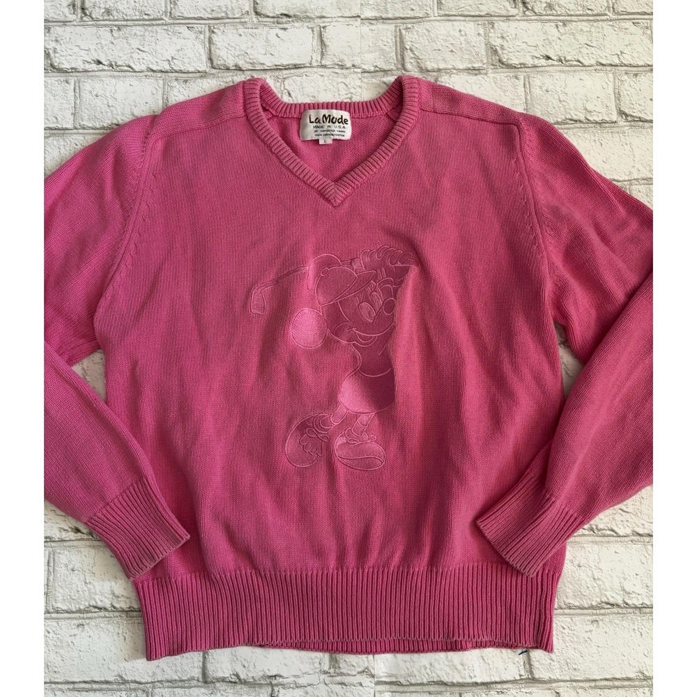Vintage La Mode Embroidered  Sweater Golf Pink Mickey Mouse golf  Size Large